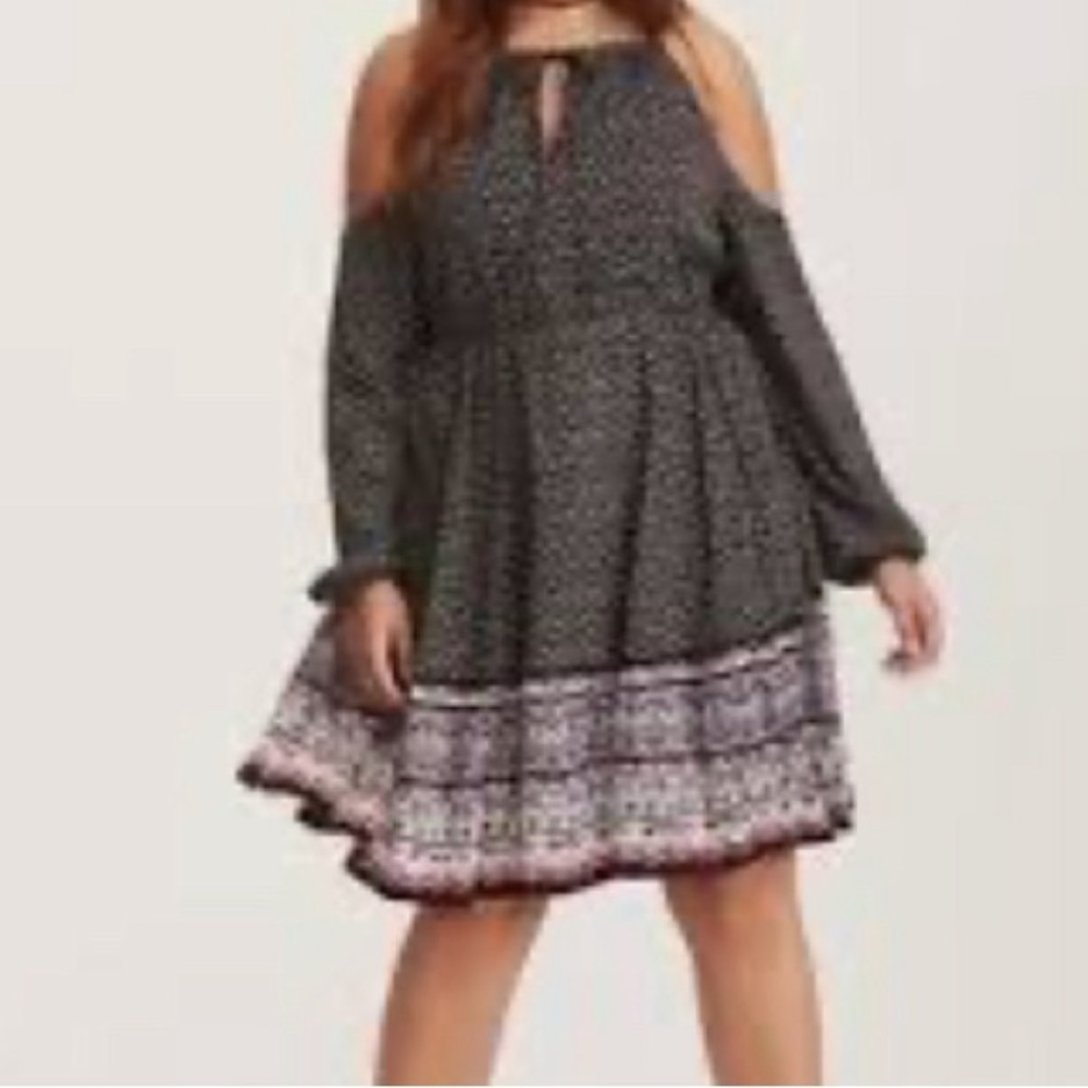 Torrid 2 off shoulder, mini dress, black, white multi
